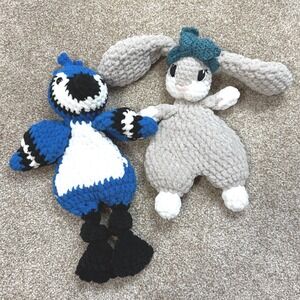 Handmade Crochet Blue Jay Bunny Plushie LOT Chunky Chenille Amigurumi Woodland‎